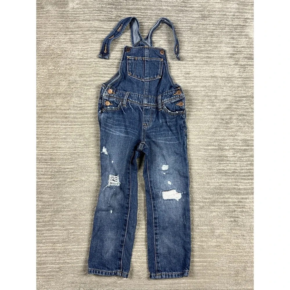 Old Navy Bib Overalls Kids‎ XS 5 Blue Denim Distressed Snap Side